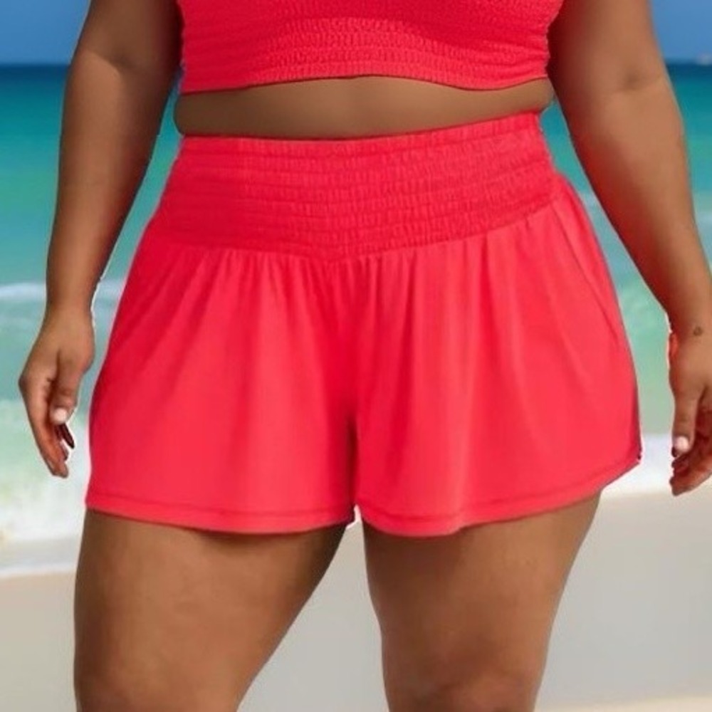 TORRID Swim Shorts CoverUp Sheer Neon-Coral Mesh Smocked Waist Flowy NWT Size 1X